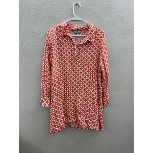 Windiriver Womens Dress Tunic Size Unknown Orange White Diamon Quarter Button Up